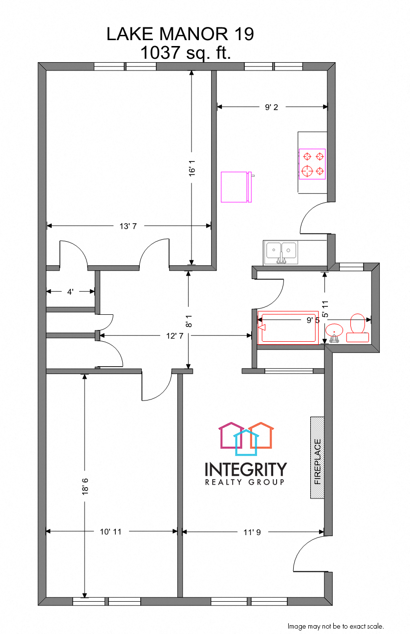 Floor plan for 2 beds, 1 bath, 1101 sqft